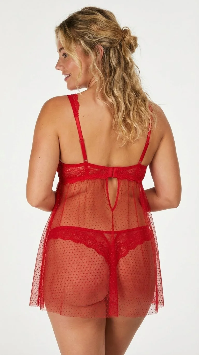 LunaIntim Ateş Kırmızısı Puantiyeli Tül Babydoll Transparan ve Fırfırlı Gecelik Takımı - Model Üzerinde